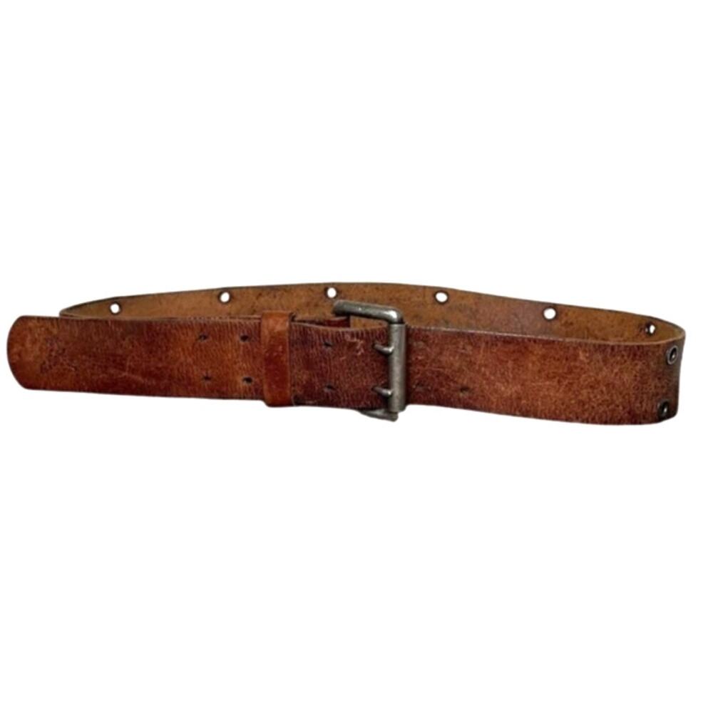 American Eagle Brown Leather Belt Wide 2 Prong Rustic Western Silver Buckle Lrge